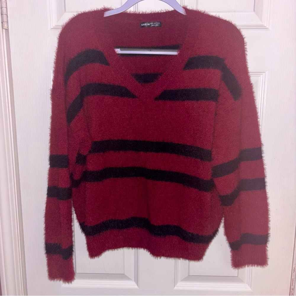 SHEIN women’s size xl super soft cozy oversized sweater wine black stripes